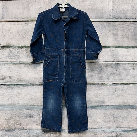 Levi’s Vintage Orange Label Kids Size 4 Denim Jumpsuit Orange Tomato Print Farm - Picture 1 of 12